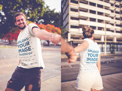 Double Shot of a Man Holding a Woman's Hand Wearing T-Shirts Mockup