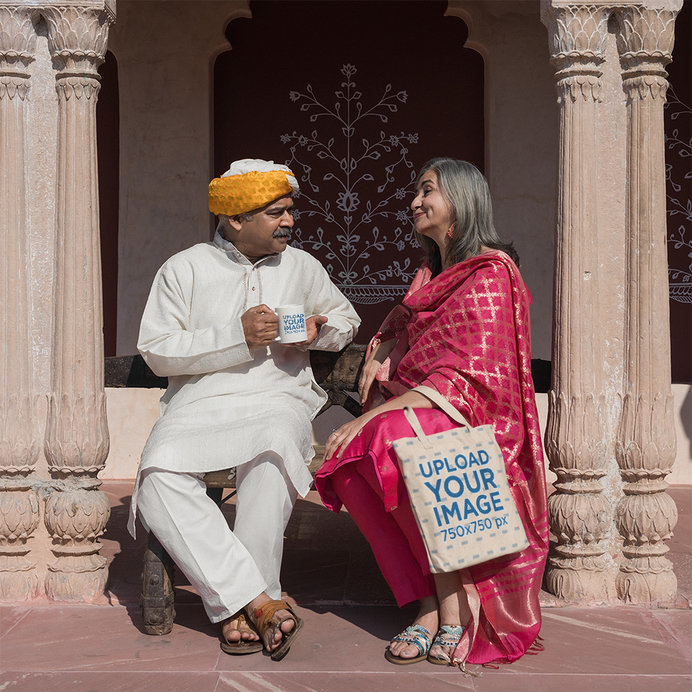 Coffee Mug and Tote Bag Mockup of a Senior Couple Wearing Traditional Indian Attires