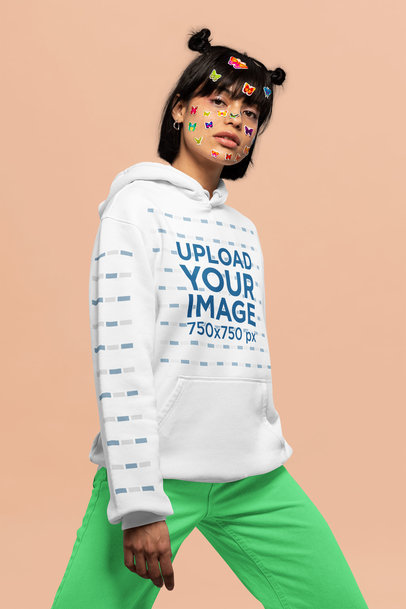 Pullover Hoodie Mockup Featuring a Woman with Face Stickers