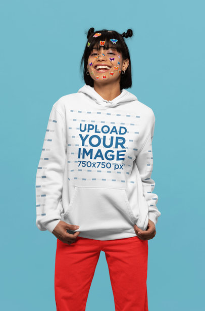 Pullover Hoodie Mockup of a Smiling Woman with Face Stickers