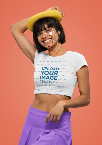 Bella Canvas Crop Top Mockup Featuring a Happy Woman with Face Stickers