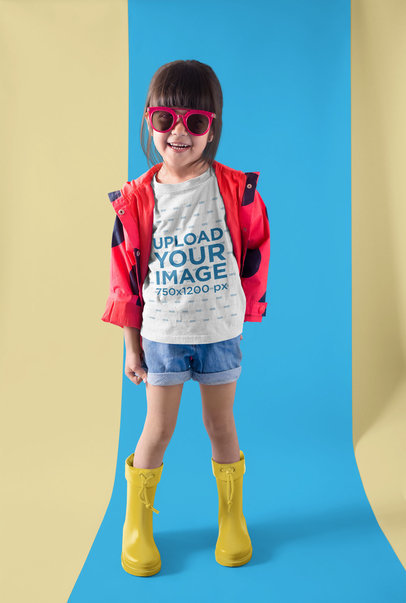 Smiling Girl with Boots Wearing a T-Shirt Mockup in a Bicolor Room