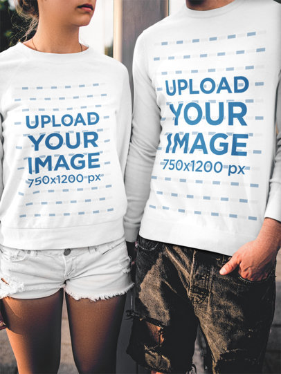 Closeup Shot of a Couple Wearing Crewneck Sweatshirts Mockup