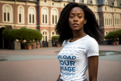 AI-Created Mockup Featuring a Woman Wearing a Round-Neck Tee in Amsterdam