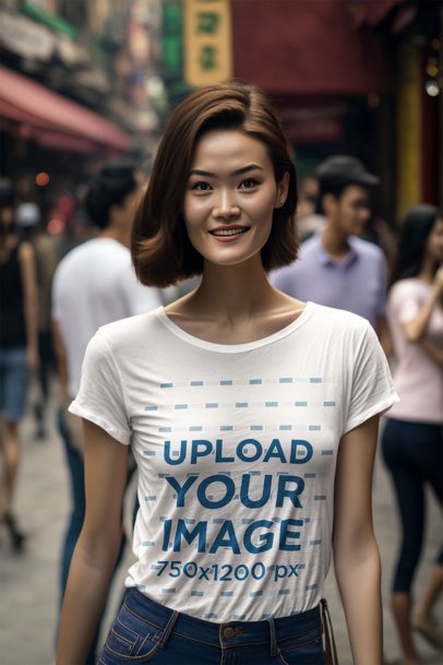 Round-Neck T-Shirt Mockup Featuring an AI-Generated Woman Posing in a Shanghai Street