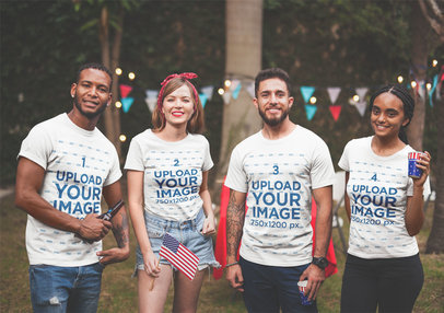 Interracial Group of Four Friends Wearing Tshirts Mockup at a BBQ Party