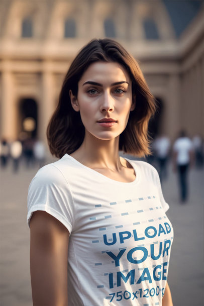 Round-Neck T-Shirt Mockup Featuring an AI-Generated Brunette Woman