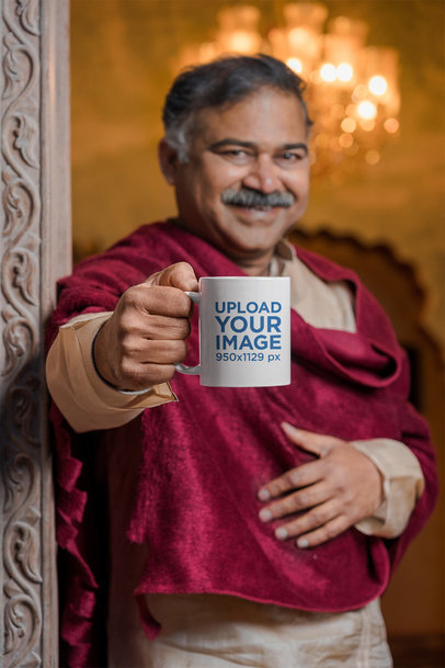 Mockup of a Man with a Mustache Holding an 11 oz Coffee Mug Close to the Camera