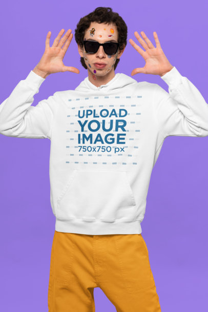 Pullover Hoodie Mockup Featuring a Man with Sunglasses and Face Stickers