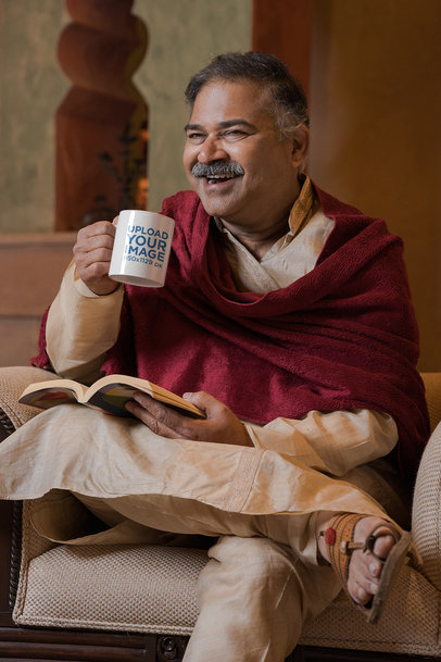 11 oz Coffee Mug Mockup of a Man with a Mustache Reading a Book