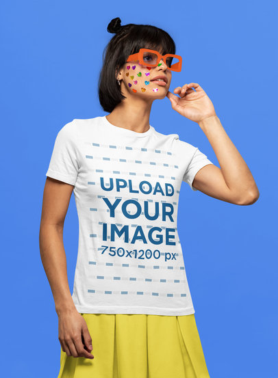 Bella Canvas Tee Mockup of a Woman with Sunglasses and Colorful Face Stickers