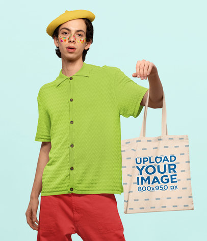 Mockup of a Man with Face Stickers Carrying a Sublimated Tote Bag