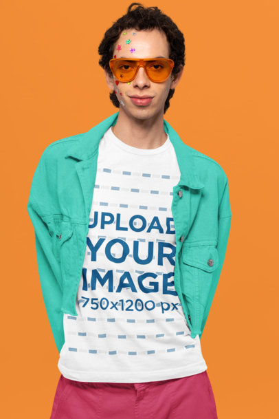 Round-Neck Bella Canvas Tee Mockup of a Stylish Man with Trendy Sunglasses