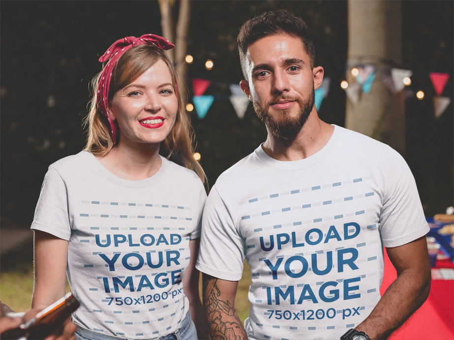 Friends Wearing T-Shirts Mockup at a 4th of July BBQ Party