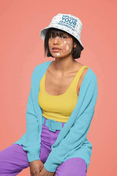 Bucket Hat Mockup Featuring a Woman with Colorful Stickers on Her Face