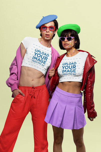 Bella Canvas Crop Top Mockup Featuring a Stylish Couple with Face Stickers