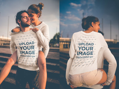 Double Shot of a Man Carrying his Girlfriend on his Back Wearing Crewneck Sweaters Mockup