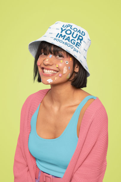 Bucket Hat Mockup Featuring a Smiling Woman with Colorful Stickers on Her Face