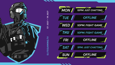 Twitch Screen Generator with a Military Character Graphic and a Streaming Schedule
