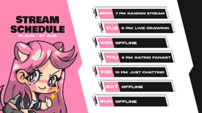 Twitch Screen Creator for a Gamer's Live Stream Schedule Featuring a Kawaii-Style Girl 