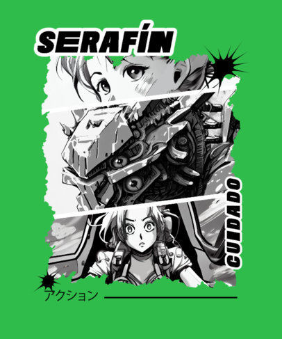 T-Shirt Design Template with Illustrated Anime Vignettes Inspired by Neon Genesis Evangelion