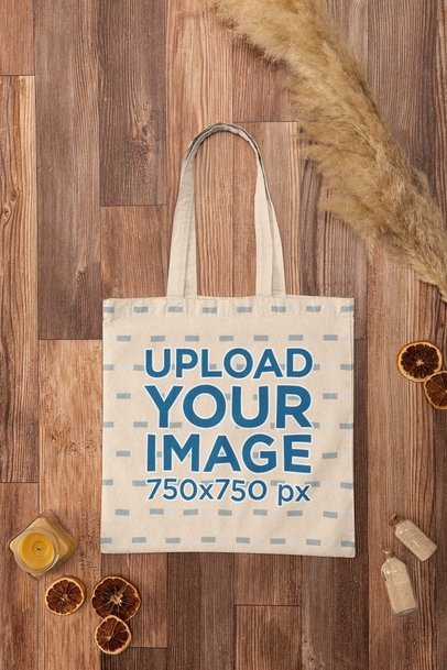 Tote Bag Mockup Featuring a Vintage Wooden Surface With Some Decorations m32233