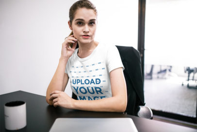 T-Shirt Template of a Woman Sitting on her Desk at the Office