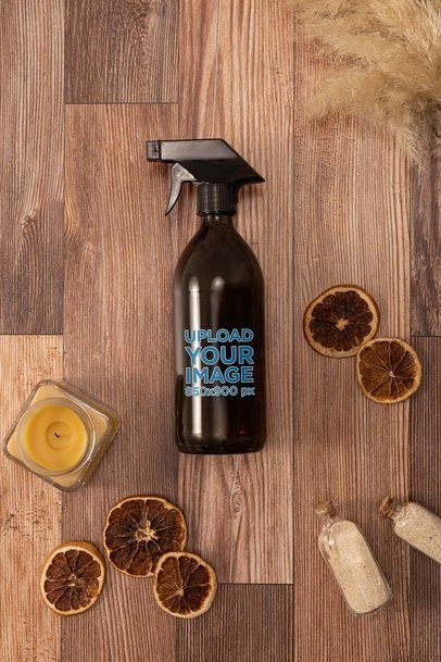 Glass Spray Bottle Mockup Featuring a Wooden Surface With Dry Orange Slices