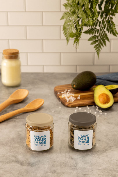 Mockup of Two Glass Jars Placed on a Kitchen Table