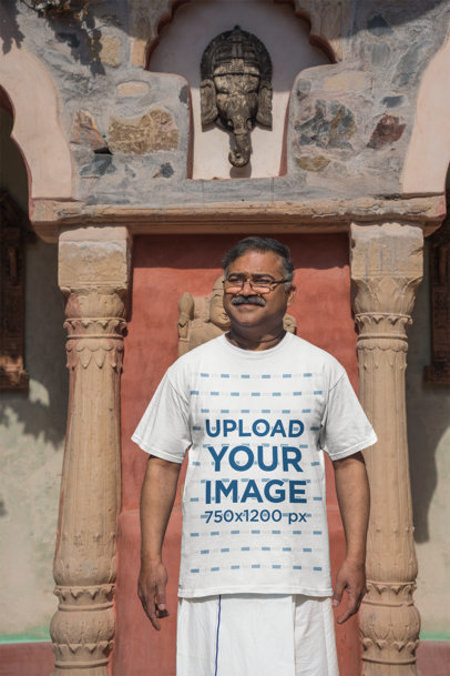 Rounded-Neck Gildan Tee Mockup of a Senior Man with Glasses and a Mustache