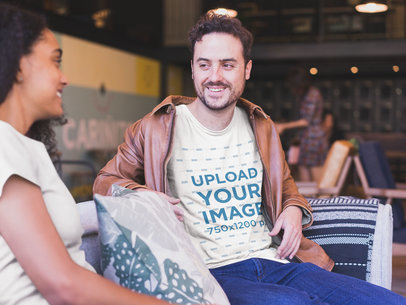 Smiling Man Wearing a Tshirt Mockup with a Friend