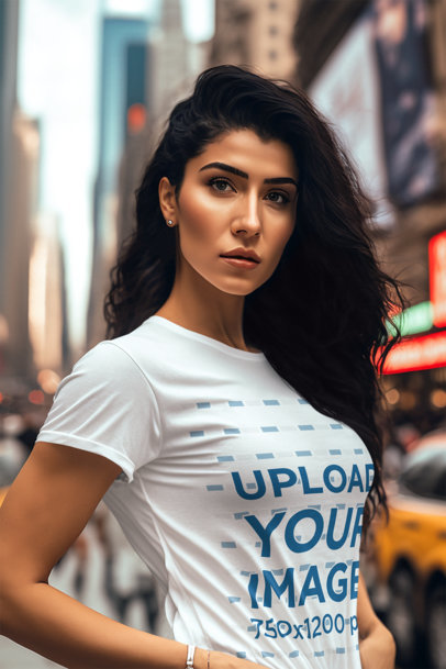 Mockup of an AI-Generated Woman Wearing a T-Shirt in Manhattan