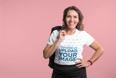 Happy Lady Wearing a T-Shirt Mockup Holding a Jacket a20374