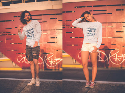 Double Shot of a Man and a Woman Wearing Crewneck Sweaters Mockup in the Afternoon