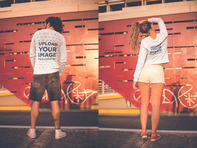 Back Shots of a Man and a Woman Wearing Crewneck Sweaters Mockup in the City