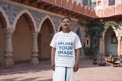 Gildan T-Shirt Mockup of a Senior Man Standing Against an Ancient Temple