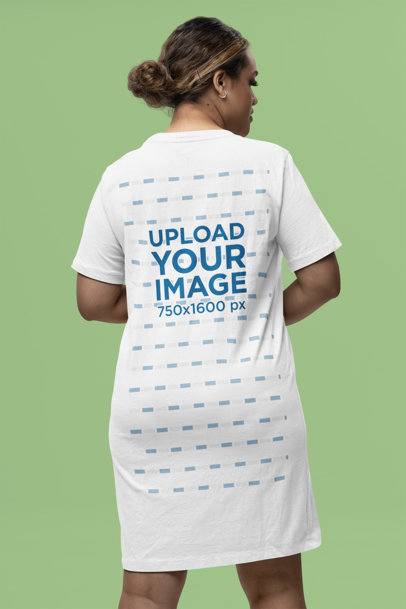 Back-View T-Shirt Dress Mockup Featuring a Woman in a Studio