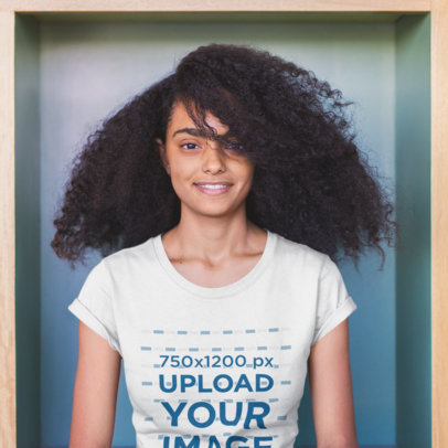 Portrait of a Woman with Curly Hair Wearing a T-Shirt Mockup 