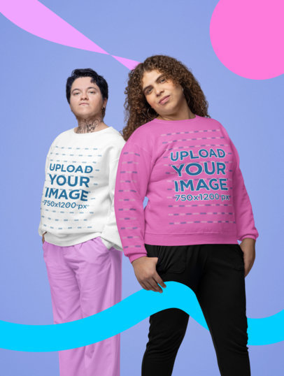 Gildan Sweatshirt Mockup Featuring a Man and Woman Posing for Trans Visibility Day