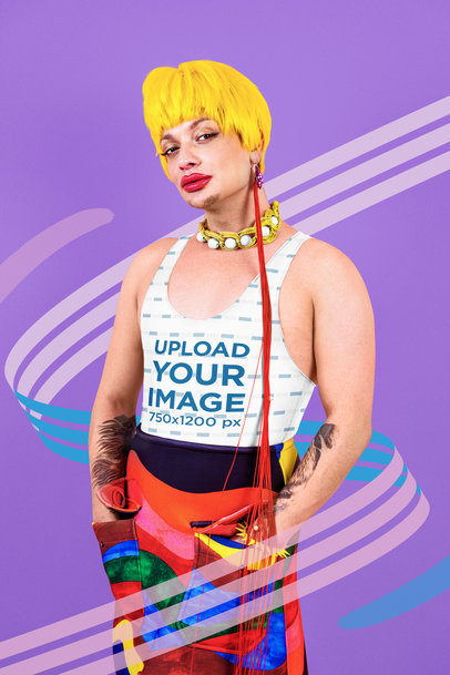 Tank Top Mockup Featuring a Tattooed Trans Woman with a Yellow Wig m33088 r-el2