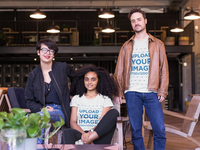 Man and Woman Wearing Tshirts Mockup with a Friend at the Lunch Room