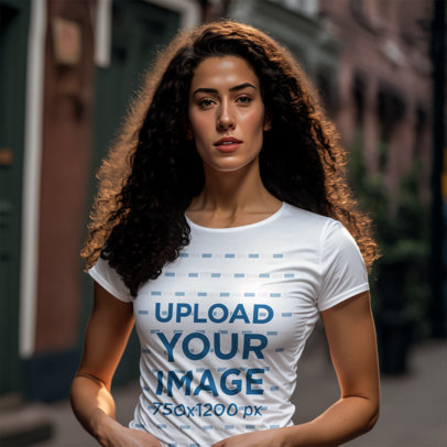T-Shirt Mockup of an AI-Generated Curly-Haired Woman Posing in the Street