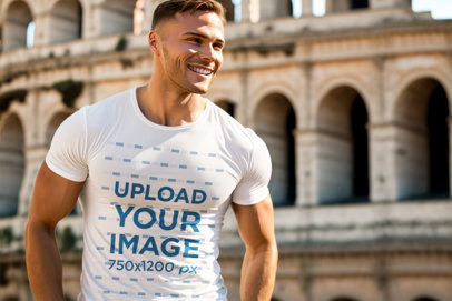 T-Shirt Mockup Featuring an AI-Generated Man Posing by the Colosseum