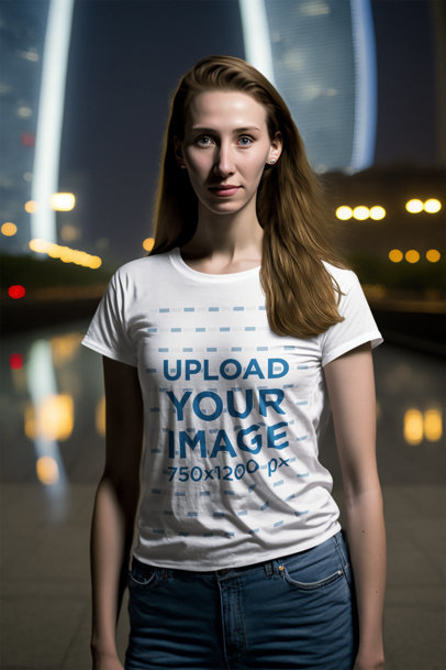 AI-Generated Mockuo of a Woman Wearing a Round-Neck T-Shirt in Shanghai