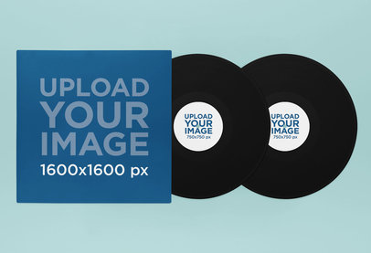 Mockup of Vinyl Album Cover Against a Customizable Surface Featuring Two Vinyl Records