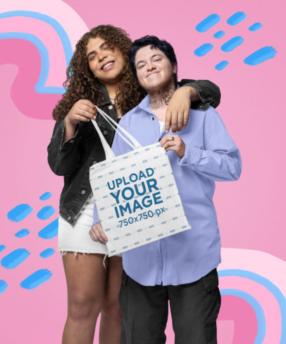 Tote Bag Mockup Featuring a Smiling Couple With Trans-Themed Color Graphics m32904