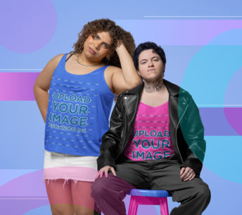 Bella Canvas Tank Top Mockup of a Tattooed Man and a Curly-Haired Woman at a Studio