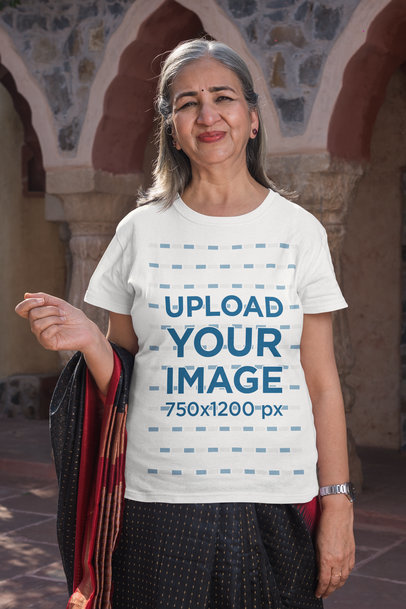 Round-Neck Gildan Tee Mockup of an Elderly Woman Smiling at the Camera