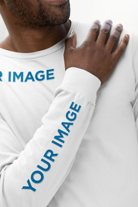 Closeup Mockup of a Man Wearing a Bella Canvas T-Shirt with a Customizable Long Sleeve