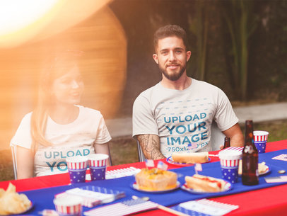 T-Shirt Mockup of a Man and a Woman Having Fun at a 4th of July BBQ Party